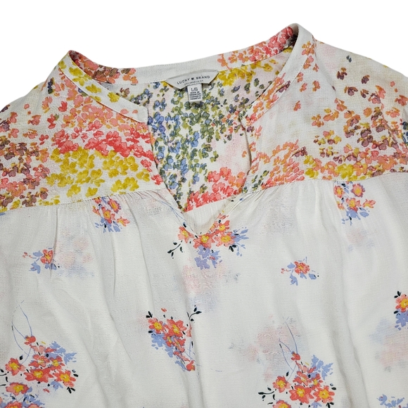 Lucky Brand Floral Print Blouse Size Large V-Neck 3/4 Sleeve Boho Peasant Fairy - Picture 7 of 16